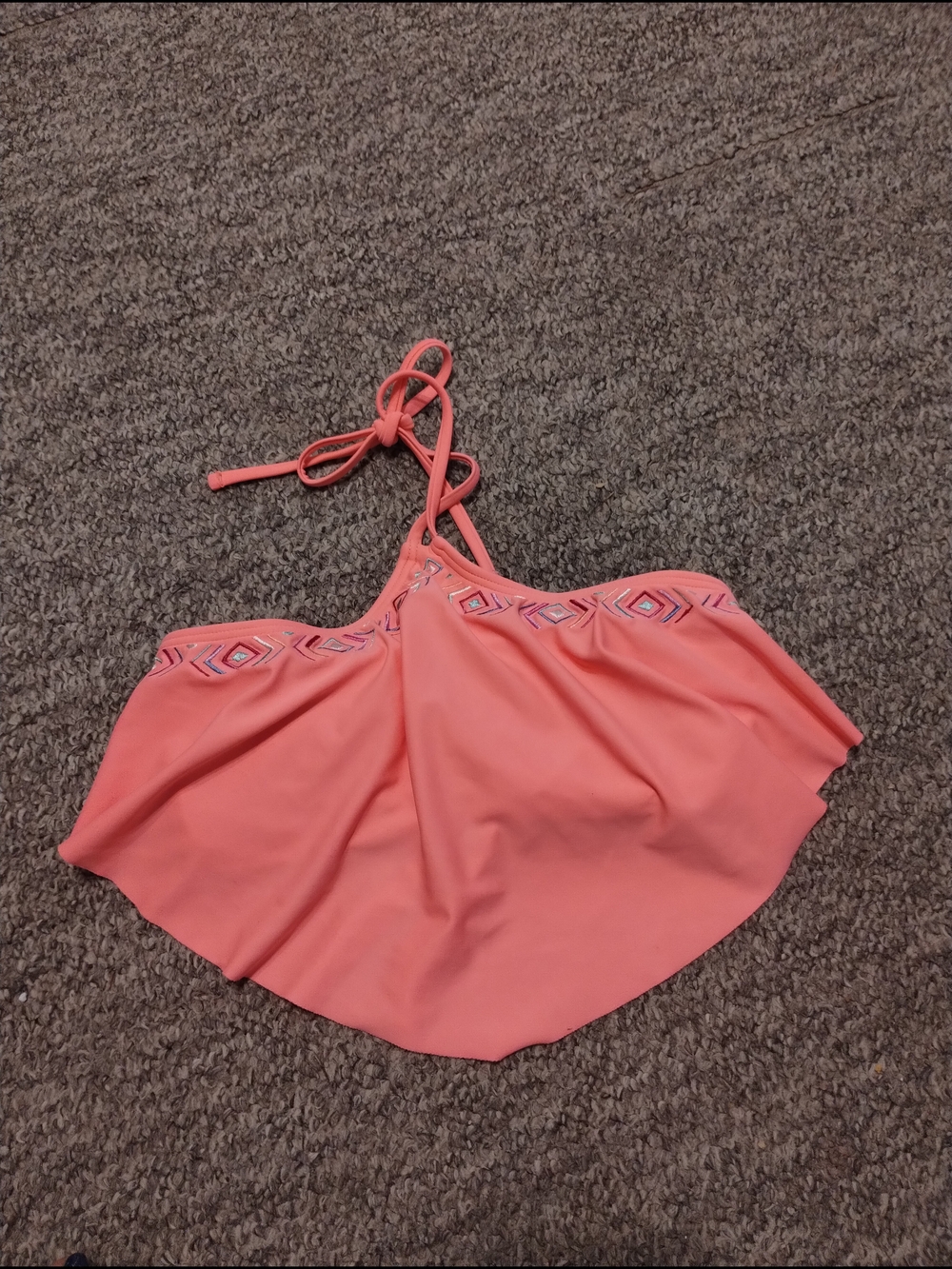 SO Coral Pink Swim Top with Embroidered Trim Flounce Halter
